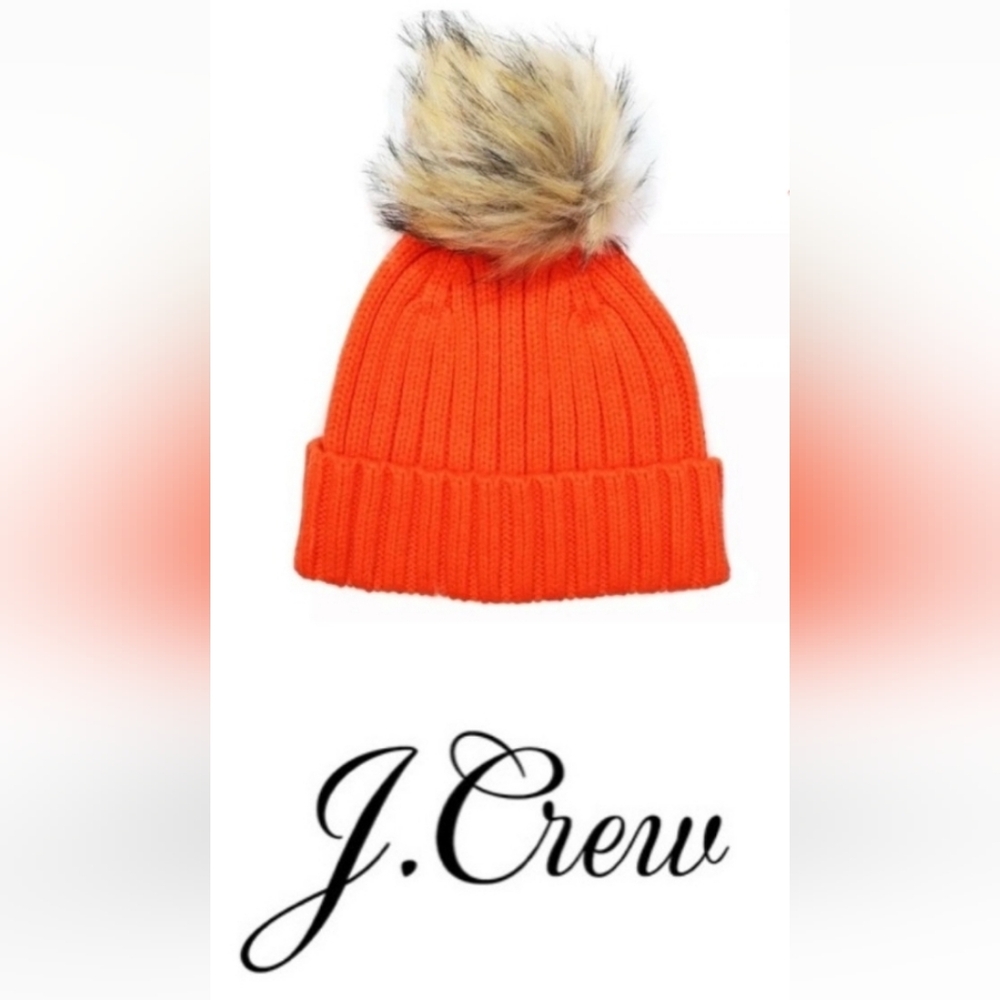 NWT J. Crew Orange Faux Fur Pom Pom Hat